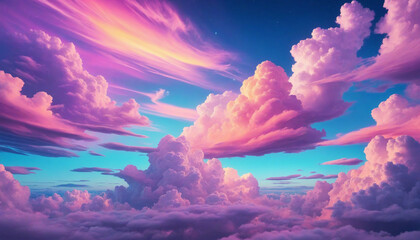 vivid dreamy sky with neon clouds, purple and blue colorful banner
