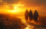 Fototapeta  - Two disciples walking along a sandy road to Emaus, talking to the yet unrecognized Christ
