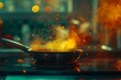 Fiery cooking in a pan captures the essence of culinary art. intense heat of passionate food preparation. cooking flames in a homestyle kitchen. AI