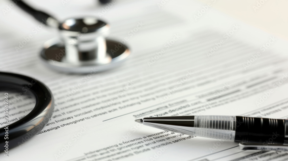 A medical document with a stethoscope and pen on it, suggesting healthcare administration or patient care planning.