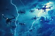 blue lightning style sky full of drones masterpiece