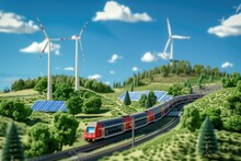 Landscape With Green Landscape, Blue Sky, Some Wind Turbine And Train, Solar Panels