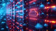 Vibrant neon lights highlight cloud computing icons on server racks within a dynamic, high-tech data center environment.