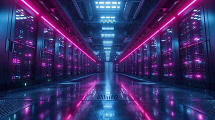 Wall Mural - A futuristic data center with rows of high-tech servers illuminated by neon lights, reflecting on the glossy floor.