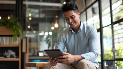 Canvas Print - young man smiling and looking at a tablet in a well-lit café or restaurant.