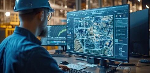 Focused industrial engineer in a hard hat examining aerial imagery of a construction site on a computer within a factory setting.