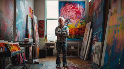 Poster - A contemplative man stands among a vibrant array of modern paintings, his clothing blending seamlessly with the art adorning the walls, immersed in the visual arts that surround him