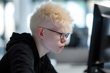 Poster - A curious individual, dressed in stylish attire and sporting glasses, gazes intently at the computer screen in a cozy indoor setting, their hair framing their face as they delve into the digital worl