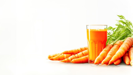 Wall Mural - Natural young carrots and glass of carrots juice against white background. Healthy food. Concept of vegan or vegetarian diet, detox organic vegetables and harvest. Copy space