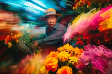 Aufkleber - A solitary figure adorned in a stylish hat, delicately plucking vibrant blooms from the earth to create a masterpiece of nature and art