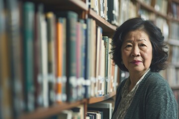 Poster - A woman stands proudly in front of a bookshelf, surrounded by the knowledge and stories of the world in the quiet sanctuary of a public library