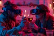 A couple lost in a virtual world, their faces hidden behind glowing glasses, surrounded by a sea of people and the warm glow of a candlelit party