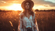 A bohemian dream with a flowy kimono layered over a lacetrimmed camisole and distressed jeans finished with a widebrimmed hat and ankle boots. The sunset in the background