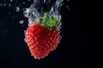 strawberry in water on a black background