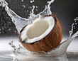 Coconut splashing into water, isolated on black background.