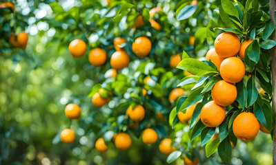 Abundant orange tree with ripe oranges in focus foreground, garden setting background