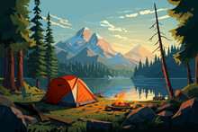 A Camp Site With A Tent And A Campfire In The Foreground