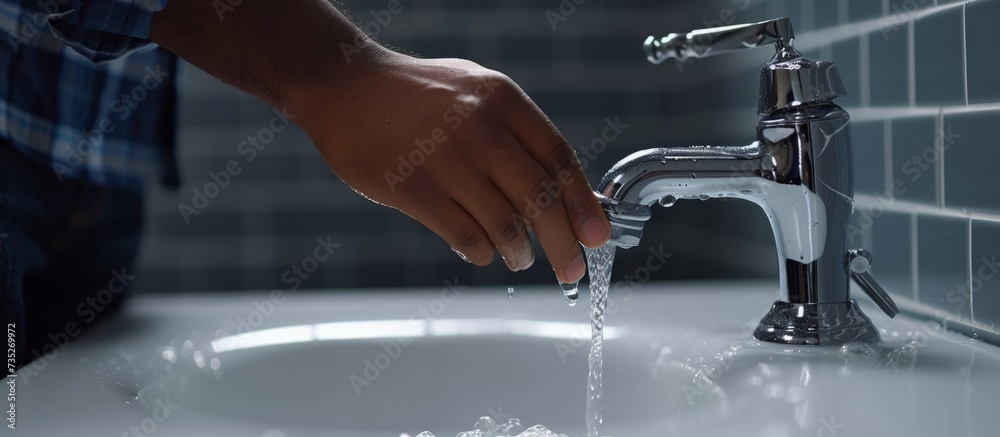 Hygiene and cleanliness concept with person washing hands in sink at ...