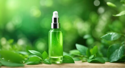 Wall Mural - Green cosmetics, bottle of cosmetic serum or moisturizer on nature background