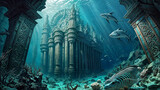 Fototapeta  - Underwater scene with a fish and an ancient temple in the ocean