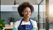 © Marko - professional woman cleaner portrait in blue apron, office and home housekeeping and cleaning service
