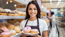  Smiling Woman Posing At A Doughnut Shop Looking At The Camera