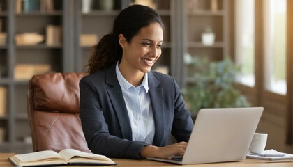 Wall Mural -  Happiness, laptop and typing professional woman, advocate or government attorney reading feedback review