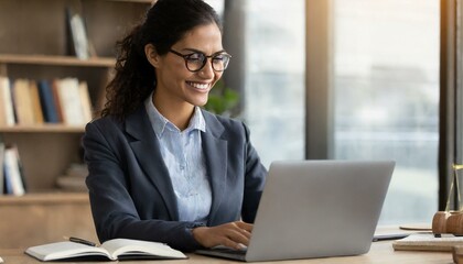 Wall Mural -  Happiness, laptop and typing professional woman, advocate or government attorney reading feedback review