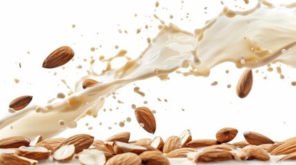Naklejka na meble Milk flying in the air with almond kernels on a solid white background. Milk splash with almonds. Ideal for advertising milk.