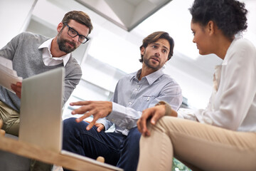 Aufkleber - Business people, serious or meeting by laptop in office, networking or collaboration on website project. Web designer, discussion or diversity for creativity on internet, below or technology on table