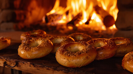 Wall Mural - Get ready to snuggle up and enjoy these bitesized bagels lightly toasted and served in the flickering glow of a fireplace.