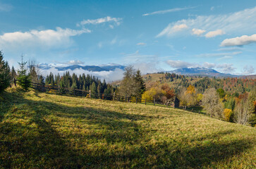 Wall Mural - Late autumn mountain morning scene with snow covered tops in far and foggy clouds in valleys. Picturesque traveling, seasonal, nature and countryside beauty concept scene. Carpathians, Ukraine.