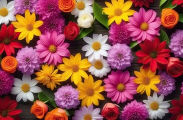  Top view photo of fresh colorful flowers. Colorful flowers decoration. Bright colors.