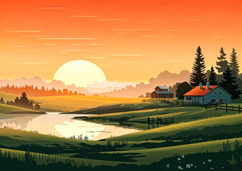 Beautiful rural landscape with farm house at sunset flat illustration