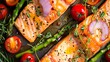 Generative AI : Baked salmon garnished with asparagus and tomatoes with herbs.Top view