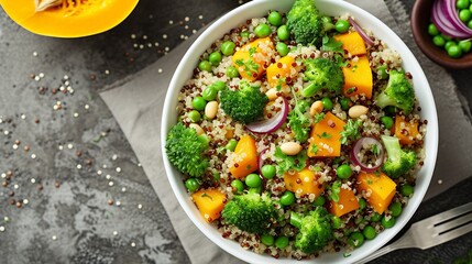 Wall Mural - Generative AI : Vegetarian quinoa and broccoli warm salad with baked butternut squash or pumpkin