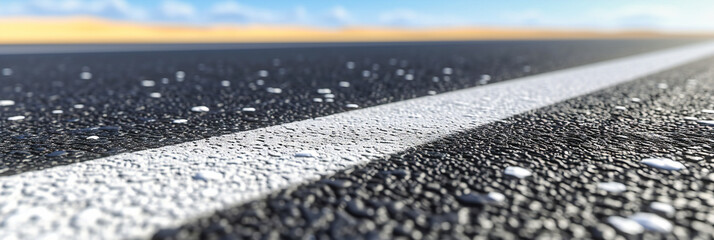 Straight Asphalt Road Lined with Greenery, Empty and Leading to the Horizon Under a Clear Blue Sky, Symbolizing Journey and Direction