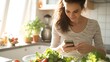 Generative AI : Young adult woman using a diet app on her phone while preparing a salad