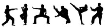 Martial Art Training Male, Female Silhouettes Set. People Doing Asian Martial Art Exercises. Vector Black Illustrations Isolated On Transparent Background. Karate, Judo, Tai Chi, Taekwondo Sport.