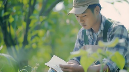 Poster - Generative AI : Young handsome Asian farm worker working in the farm while collect and write data on the document.