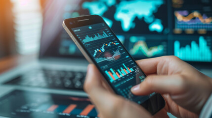 Canvas Print - close-up of a hand holding a smartphone with stock market data on the screen, with a laptop in the background displaying additional financial charts