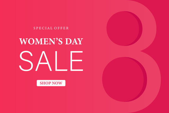 Poster or banner with Women's day. 8 March. Special offer discount. Background for sale. Happy Women's day header or voucher template.