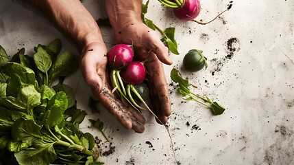 Wall Mural - Generative AI : Organic vegetables. Farmers hands with freshly harvested vegetables. Horse radish