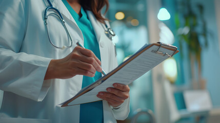 Poster - A healthcare professional using a digital tablet in a hospital corridor.