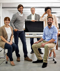 Poster - Happy, computer screen and business people in portrait for friendly and technology at work for connection. Web designer, staff and positive face for collaboration with support and mock up in office