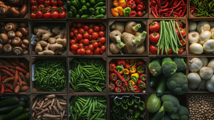 Canvas Print - variety of fresh vegetables and herbs neatly organized into wooden crates