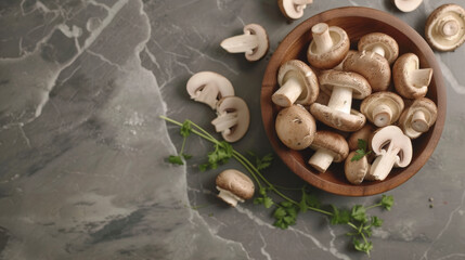 Wall Mural - A bowl of fresh brown mushrooms on a rustic wooden table.