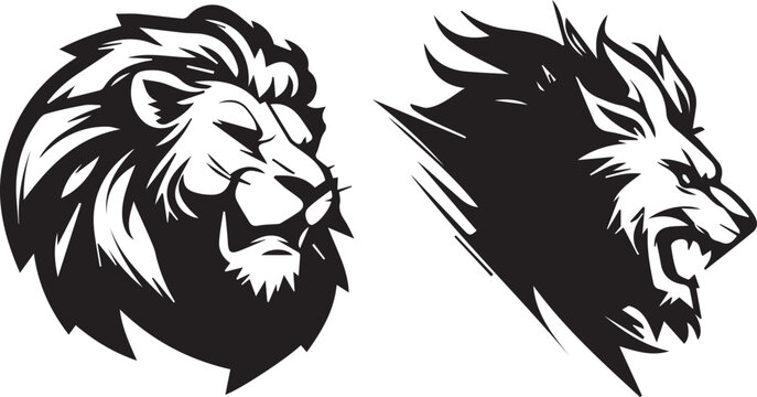Head of a fierce angry lion, black vector outline