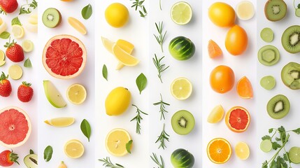 Poster - Generative AI : Wide collage of fresh fruits and vegetables for layout isolated on white background. 