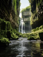  A powerful waterfall rushes through a canyon adorned with lush green moss-covered rocks, creating a mesmerizing sight.